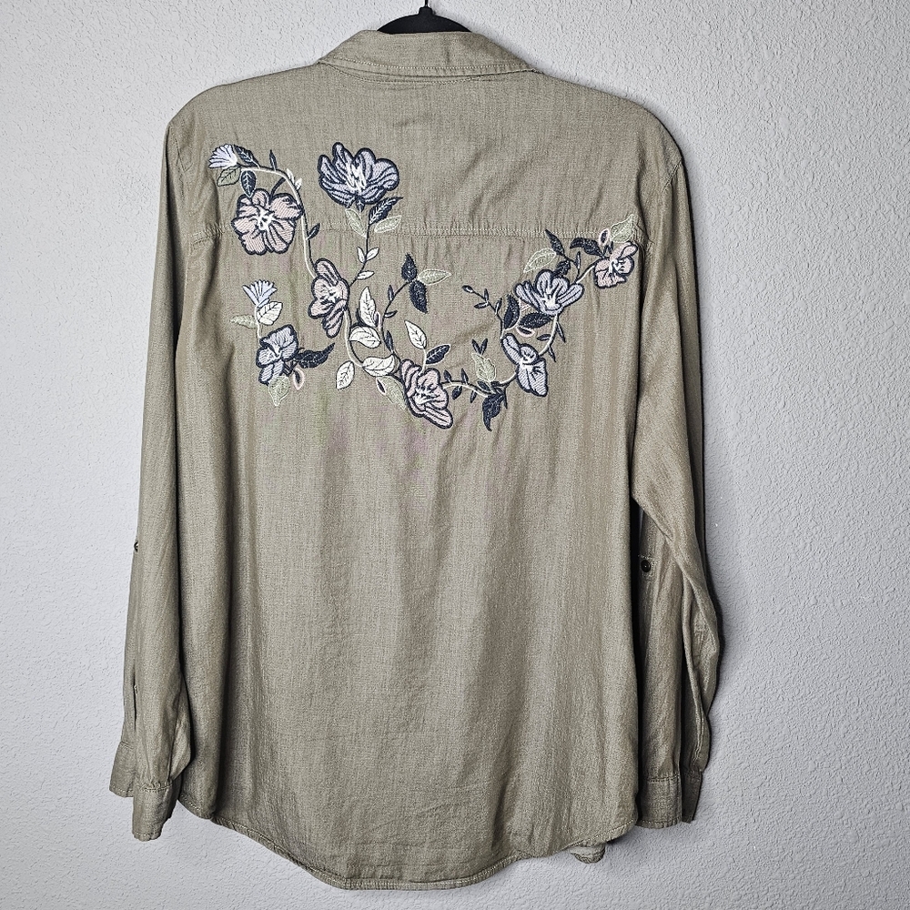 Westport Womens XL Button Up Shirt Embroidered Floral Green Blue Fairy‎ Boho